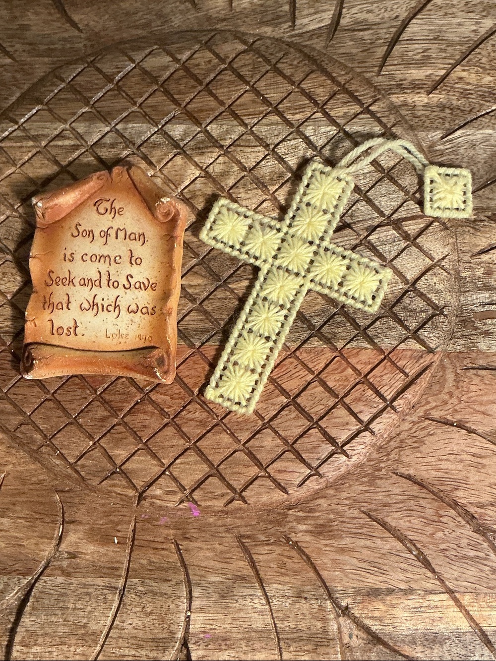 Antique 1941 Yellow Crochet Cross and Tan Chalkware Religious Plaque Wall Accent